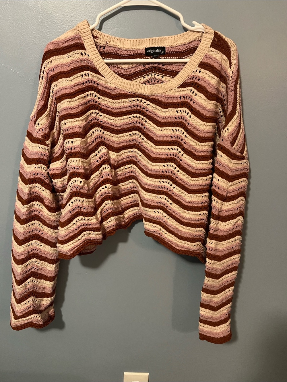 Originality Striped Crochet Scoop Neck Sweater - Pink, Cream & Brown
